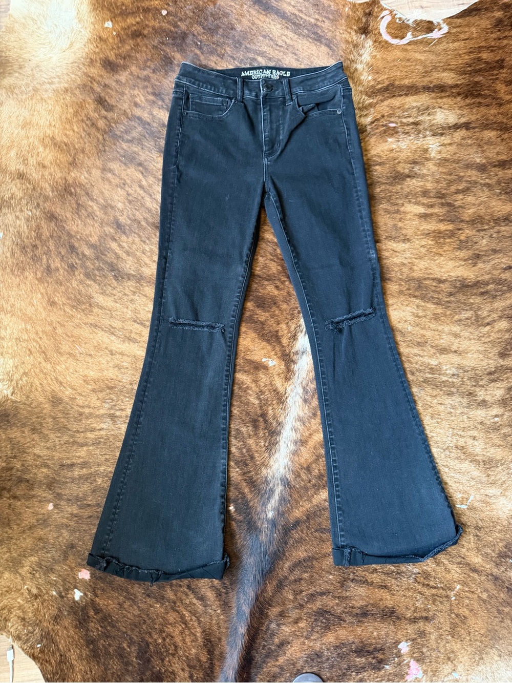 American Eagle Outfitters Black Flare Jeans with Knee Slits